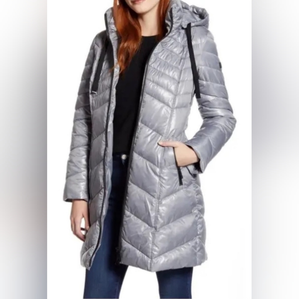 Sam Edelman Hooded Puffer Coat Jacket XS Silver Pewter Water Rain Snow Repellent